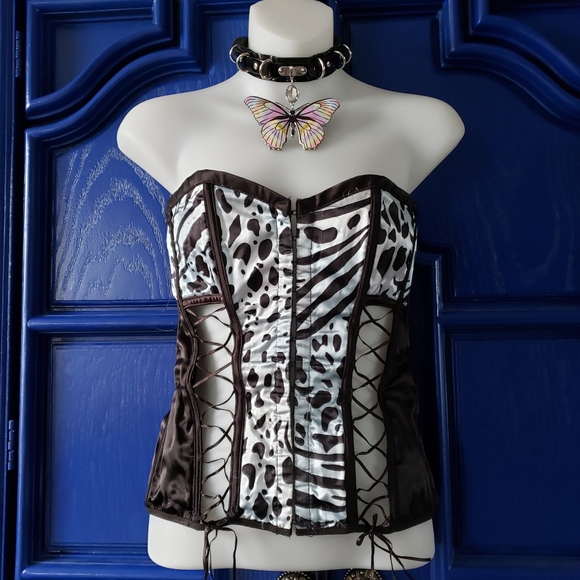 Y2K Vintage Blue Black Satin Strappy Spotted Animal Print Coset - Picture 4 of 17